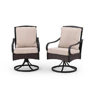 Swivel Rockers Metal and Wicker Outdoor Dining Chair with Beige Cushions (2-Pack)