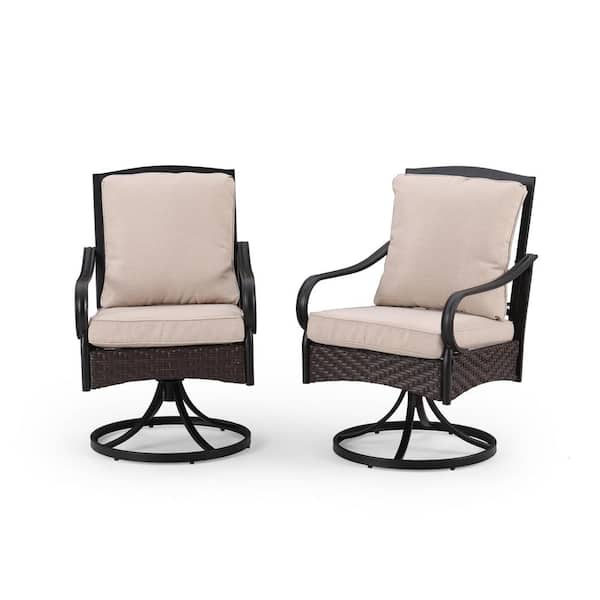 PHI VILLA Swivel Rockers Metal and Wicker Outdoor Dining Chair with Beige Cushions (2-Pack)