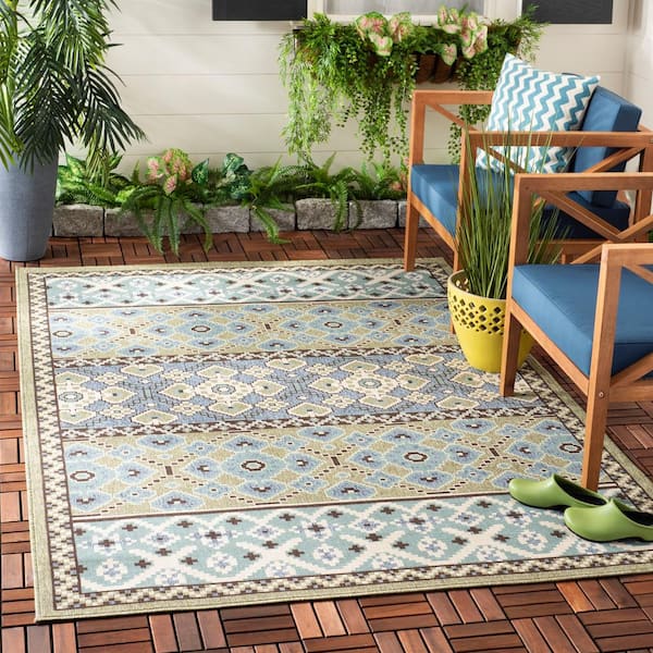 Veranda Green/Blue Doormat 3 ft. x 3 ft. Border Tribal Indoor/Outdoor Patio Square Area Rug