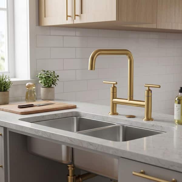 Double Handle Bridge Faucet with Kitchen Sink Hole Cover in Brushed Gold