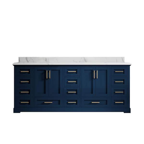 Willow Collections Boston 84 in. W x 22 in. D x 36 in. H Double Sink Bath Vanity in Navy Blue with 1.5" Calacatta Quartz Top