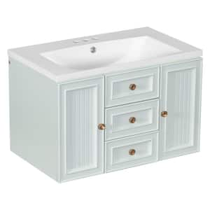 30 in. W Single Sink Floating Bath Vanity in Green with White Ceramic Top, 3-Drawers and 1-Door Top