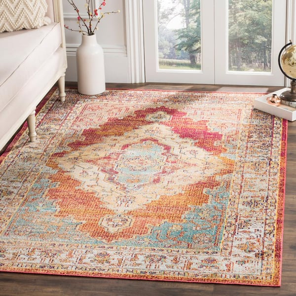 Crystal Orange/Light Blue 8 ft. x 10 ft. Border Medallion Area Rug