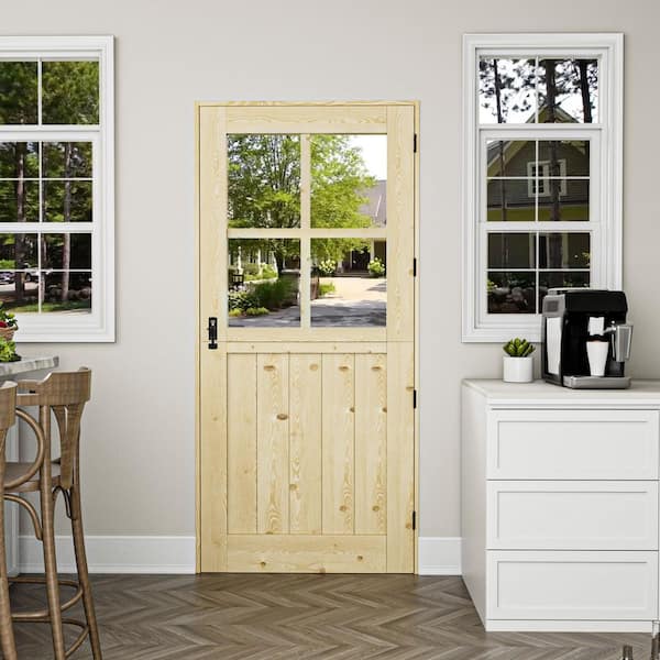 36 in. x 80 in. Universal/Reversible 4-Lite Clear Glass Unfinished Dutch Wood Prehung Front Door w/ Quick Assemble Jamb