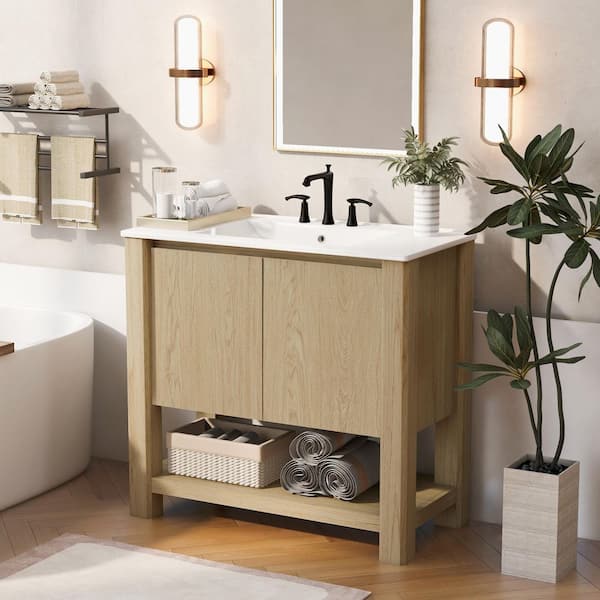 CHRISTOPHER KNIGHT HOME Beaumont 35.5 in. Modern Bathroom Antique Natural Wood Cabinet Bath Vanity with White Ceramic Top Sink, Open Shelf