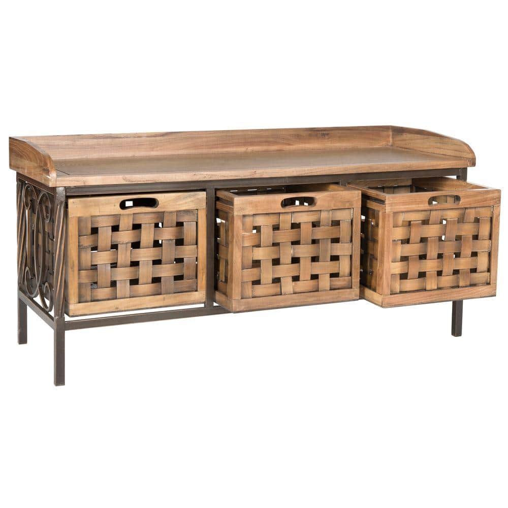 Transitional Antique Pewter Oak Storage Bench with 3 Drawers