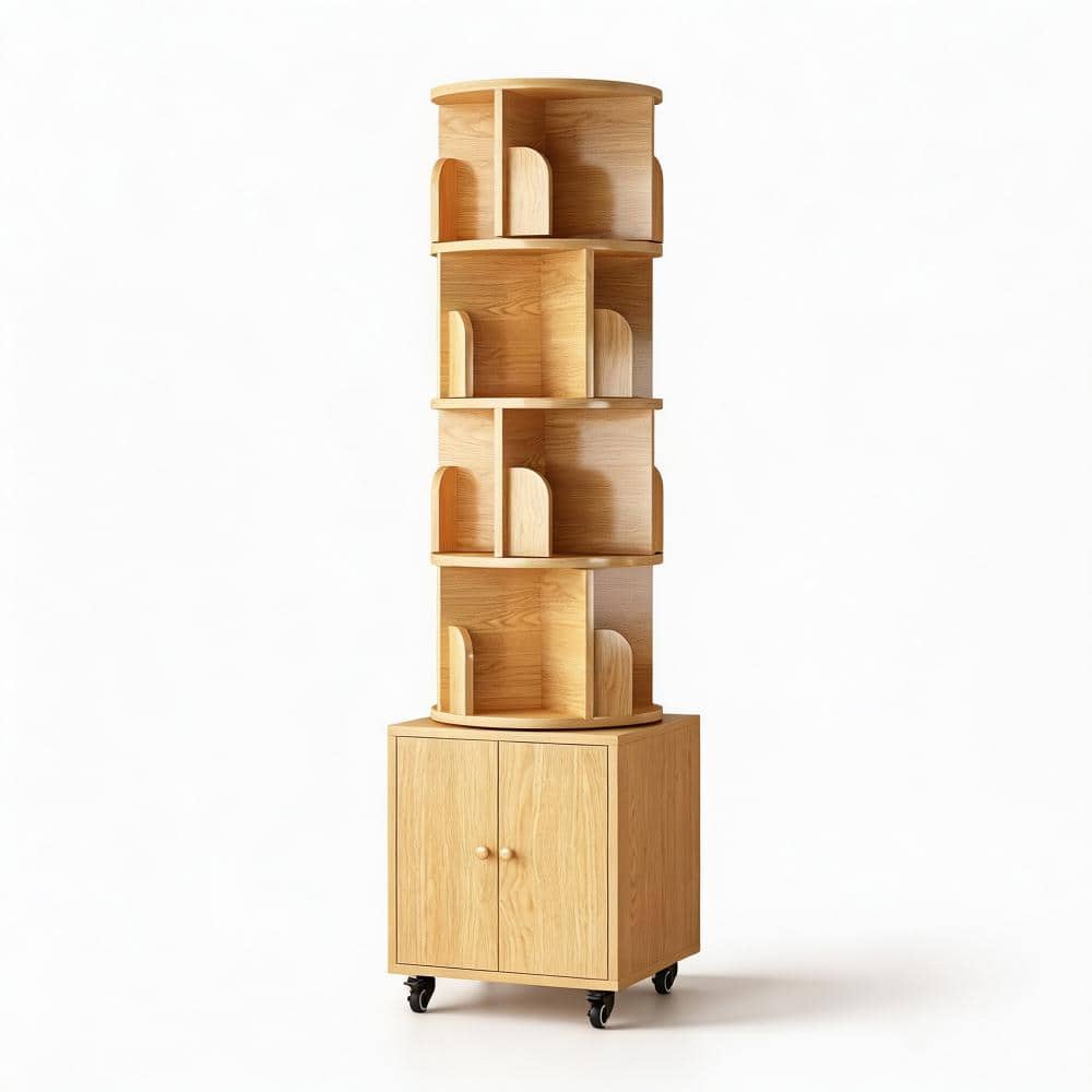 Avex Natural 70 in. Tall MDF 5-Shelf 360°Rotating Display Corner Bookcase with Wheels and Base Cabinet