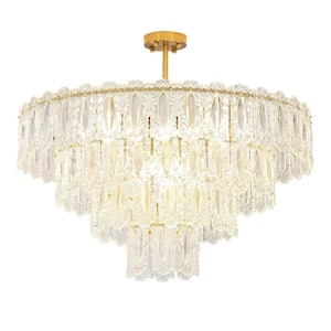 12-Light Modern Crystal Chandelier, 3-Tier Gold Semi Flush Mount Ceiling Light, Bulbs Included