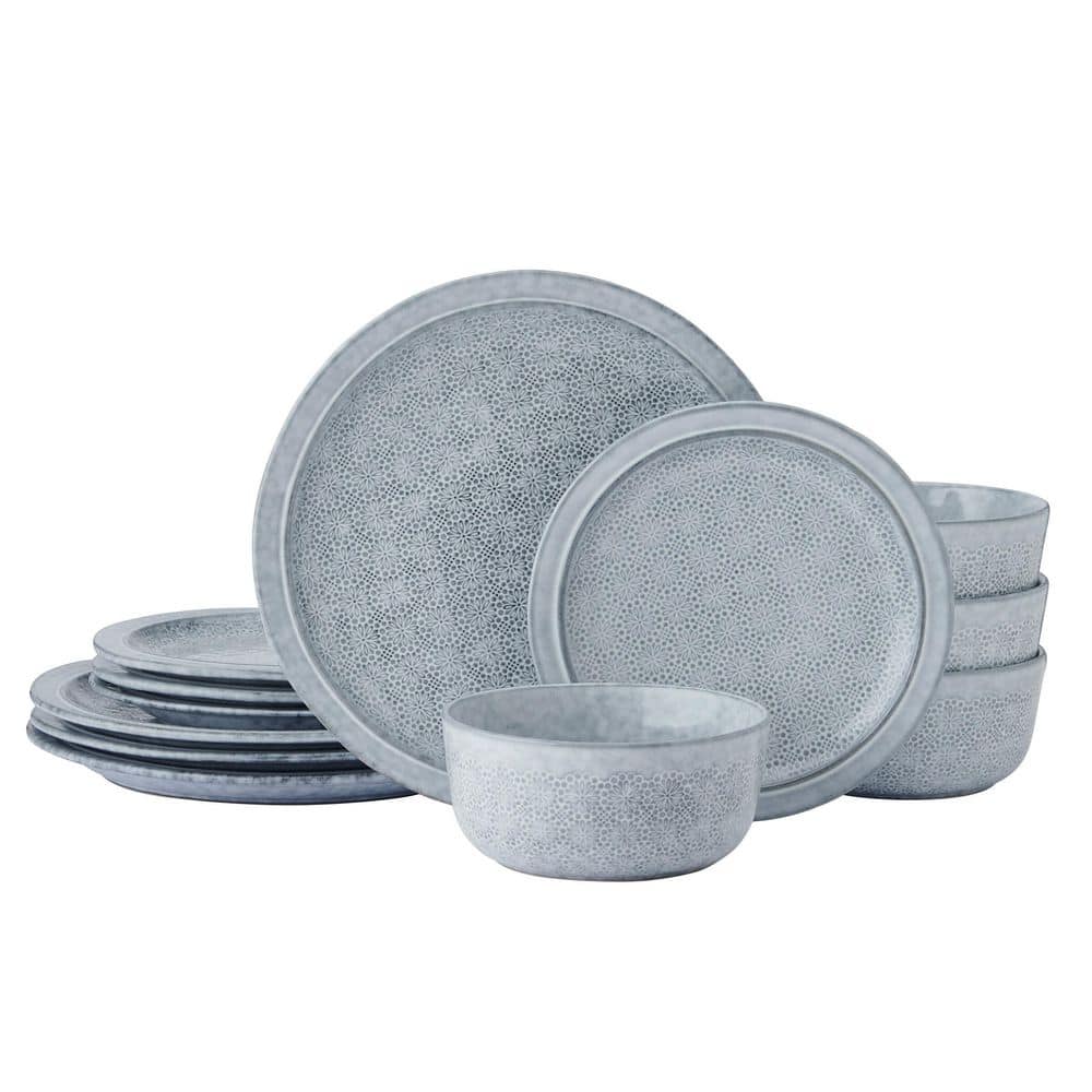 Blooming Meadow 12-Piece Blue Stoneware Dinnerware Set, Service for 4