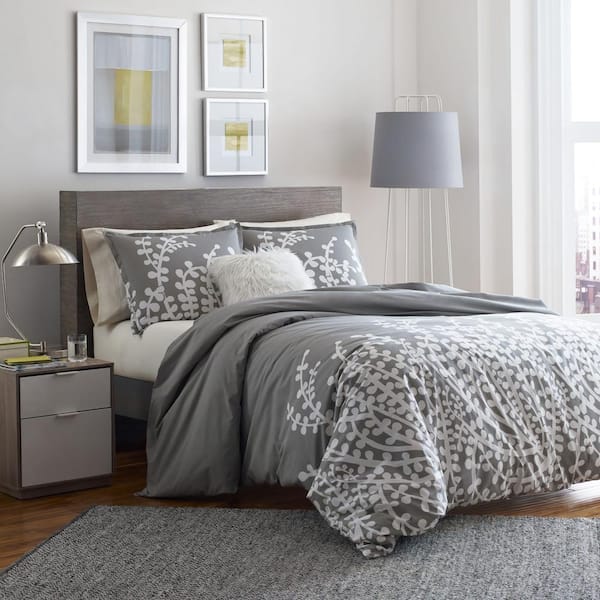 Branches 3-Piece Gray Botanical Cotton Full/Queen Comforter Set