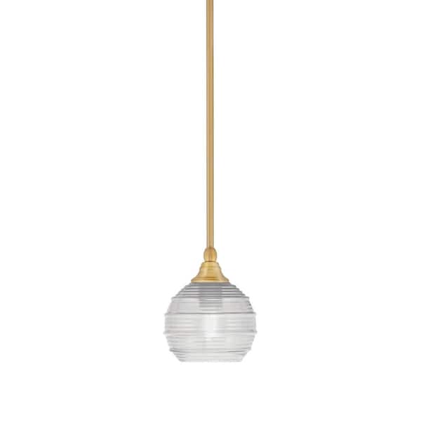 Unbranded Sparta 100-Watt 1-Light New Age Brass Shaded Pendant Light Mini Pendant with Clear Ribbed Glass and No Bulb Included
