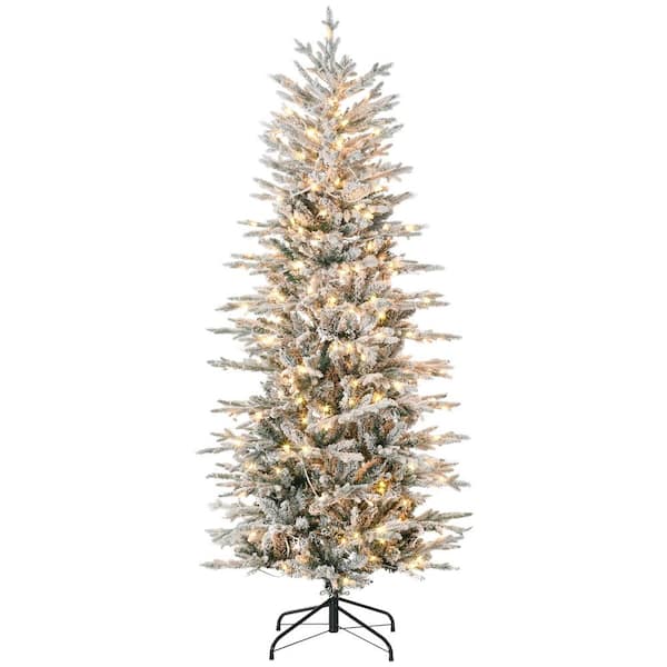 6 ft. Tall Prelit Artificial Christmas Tree with 636 Snow Flocked Branches, 250 Clear Lights, Extra Bulb