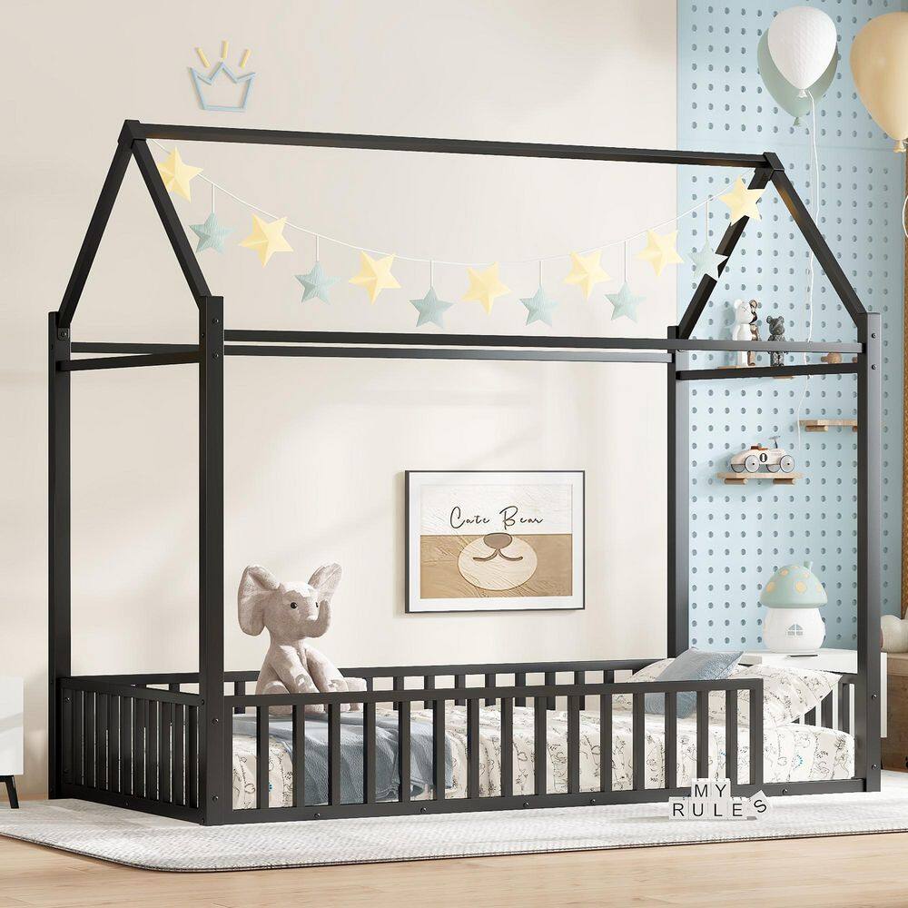 Black Metal Twin Size House Bunk Bed with Guardrails and Ladders for Kids Convertible House Floor Bed or Loft Bed