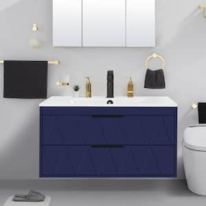 36 in. W x 18.1 in. D x 18.1 in. H Single Sink Bath Vanity in Blue with White Ceramic Top and Drain Faucet Set