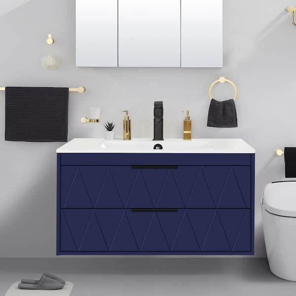 eclife 36 in. W x 18.1 in. D x 18.1 in. H Single Sink Bath Vanity in Blue with White Ceramic Top and Drain Faucet Set