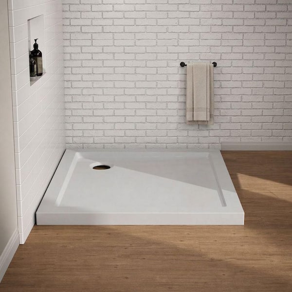 32 in. L x 32 in. W x 2 in. H Alcove Square Acrylic Shower Pan Base with Left Drain in White, No Threshold