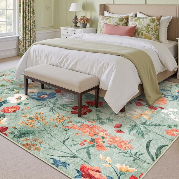 April Green 9 ft. x 12 ft. Floral Washable Area Rug