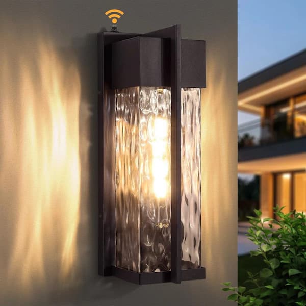 Oil Rubbed Bronze 18 in. H Hardwired Water Glass Dusk to Dawn Outdoor Wall Lantern Sconce Dimmable E26 Bulb Included