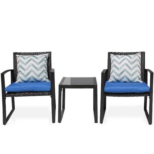 Pyramid Home Decor Lunar Outdoor 3-Piece Bistro Set Black Wicker Furniture-2 Chairs with Glass Coffee Table-Dark Blue
