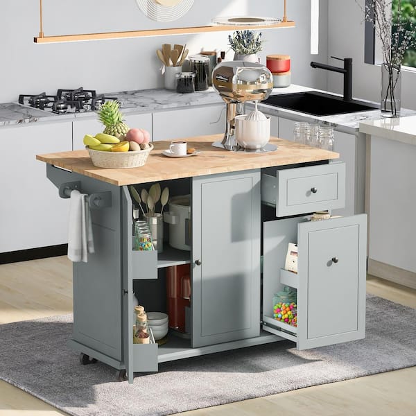 Grey Blue Solid Wood 53.9 in. Buffet with Wheels and 3-Tier Pull Out Cabinet Organizer