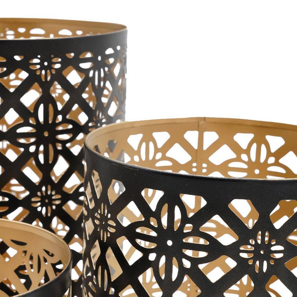 Black and Gold Metal Moroccan Lattice Candle Lantern Set