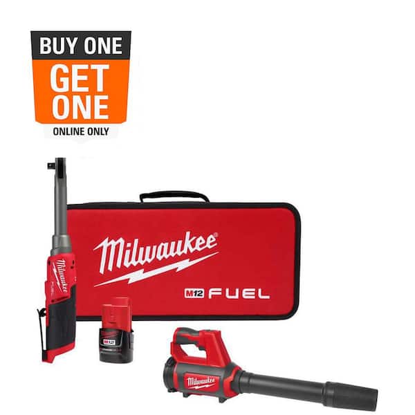 Milwaukee M12 FUEL 12V Lithium-Ion Brushless 3/8 in. Extended Reach High Speed Cordless Ratchet Kit & M12 Right Spot Blower