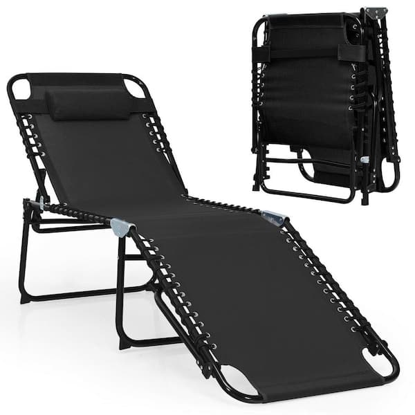 Foldable Recline Outdoor Chaise Lounge with Adjustable Backrest and Footrest in Black (1-Pack)