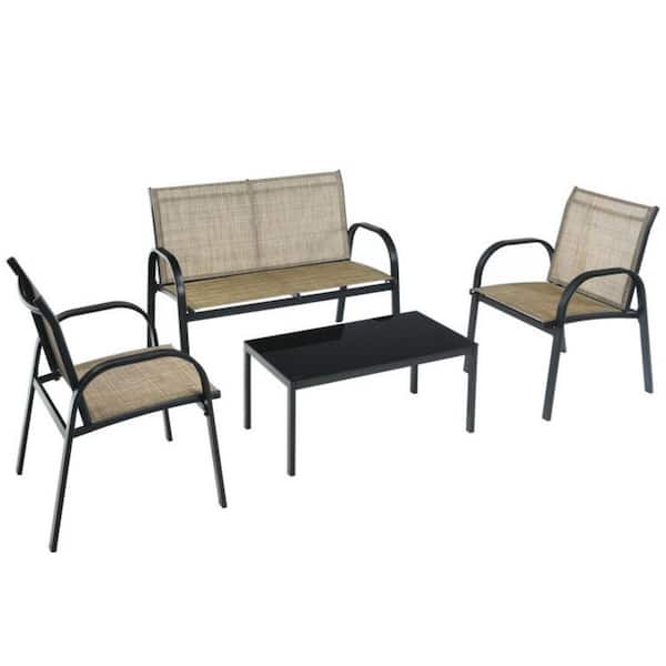 Clihome 4-Piece Brown Metal Patio Conversation Set Furniture Set with Glass Top Coffee Table