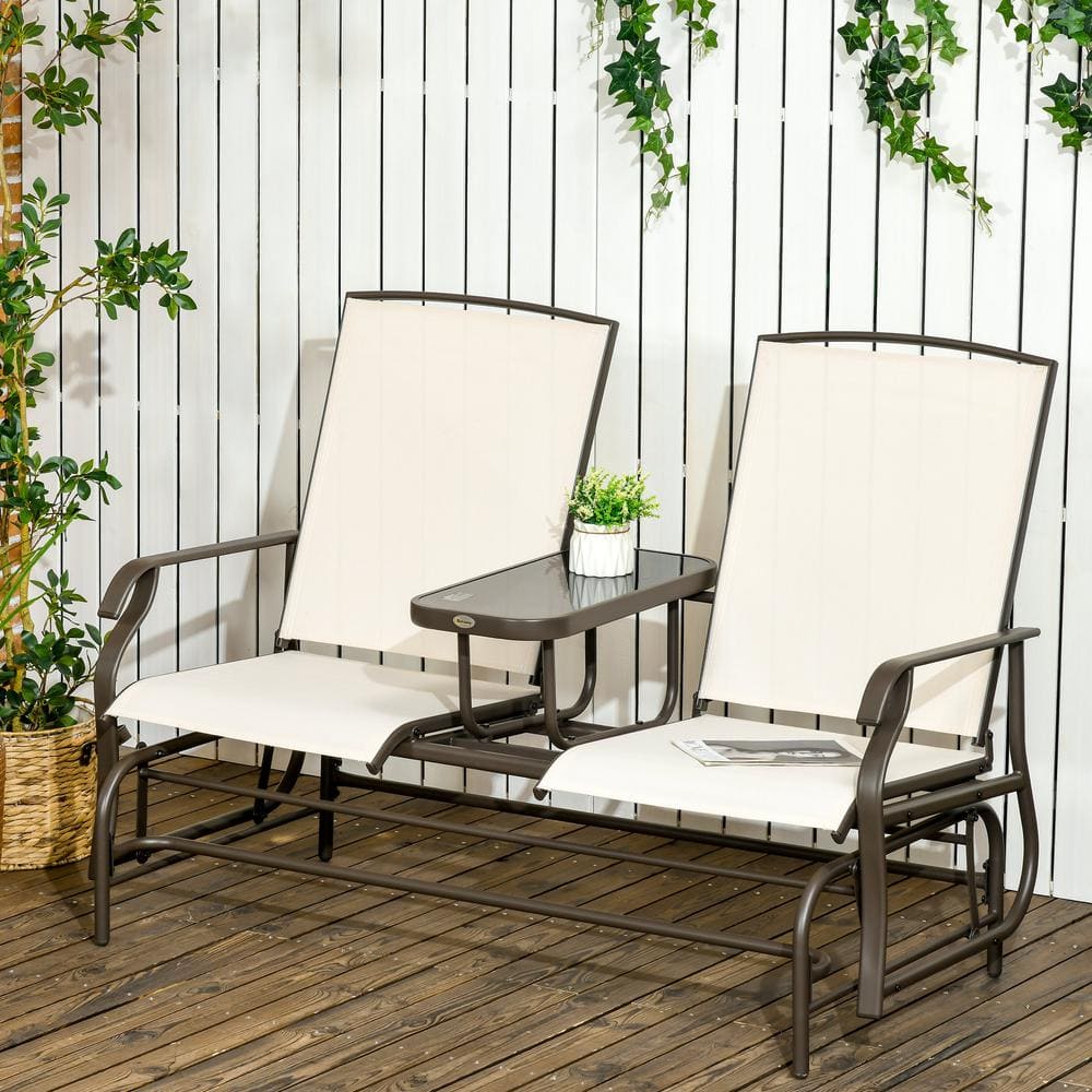 Beige Steel Frame 2-Person Outdoor Glider Bench with Center Table