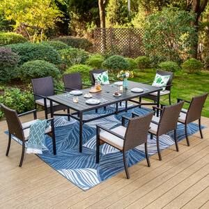Black 9-Piece Metal Slat Rectangle Table Patio Outdoor Dining Set with Rattan Chairs with Beige Cushion