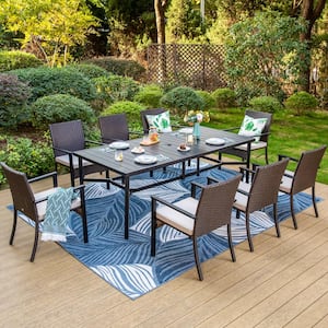 Black 9-Piece Metal Slat Rectangle Table Patio Outdoor Dining Set with Rattan Chairs with Beige Cushion