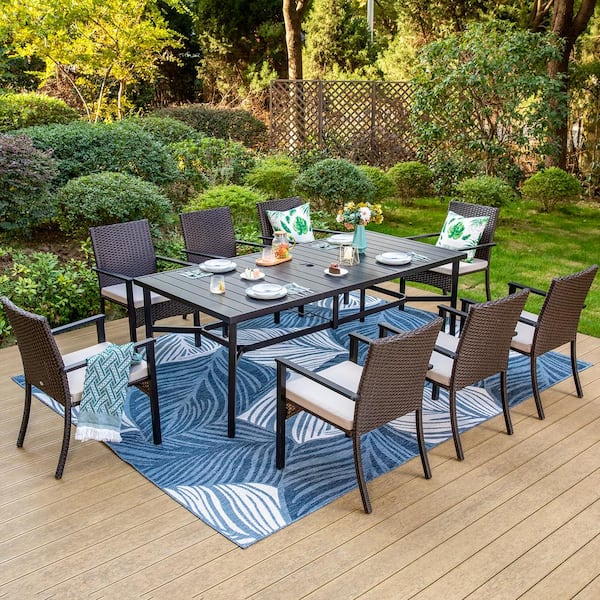 PHI VILLA Black 9-Piece Metal Slat Rectangle Table Patio Outdoor Dining Set with Rattan Chairs with Beige Cushion