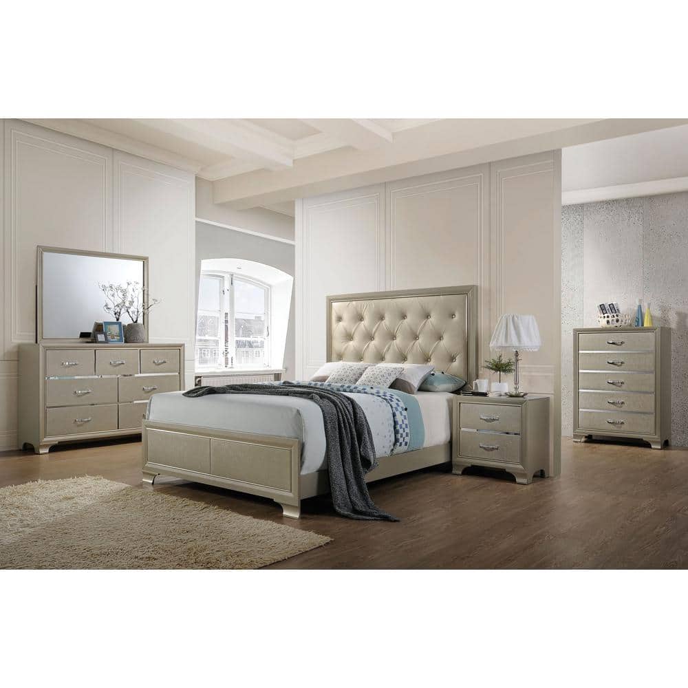 Champagne Queen Faux Leather Tufted Upholstered Bed with Headboard