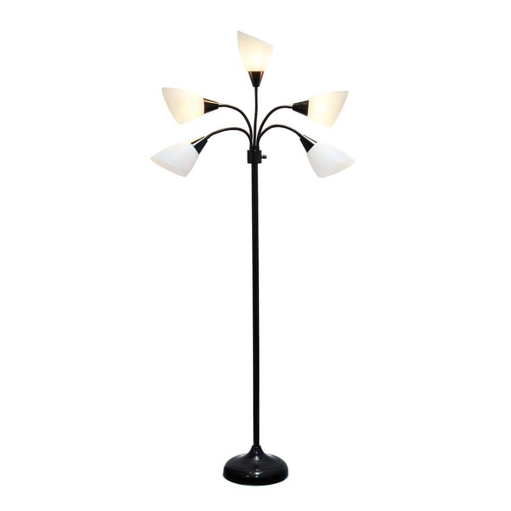 67" Black Adjustable Multi-Head Floor Lamp with White Shades