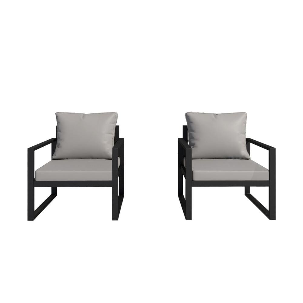 2-Piece Black Metal Outdoor Lounge Chair with Gray Cushion