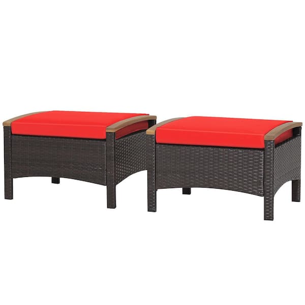Unbranded Mix Brown Frame Wicker Outdoor Ottoman with Red Cushion, 2 Pack