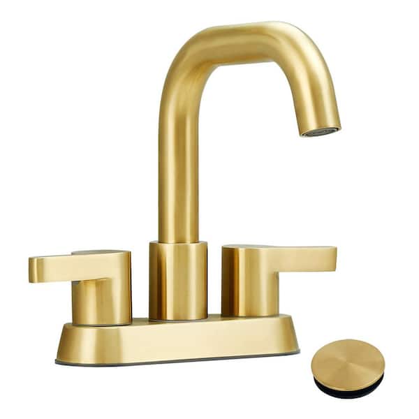 Fapully 4 in. Centerset Double Handle High Arc Bathroom Faucet with Drain Kit Included in Brushed Gold