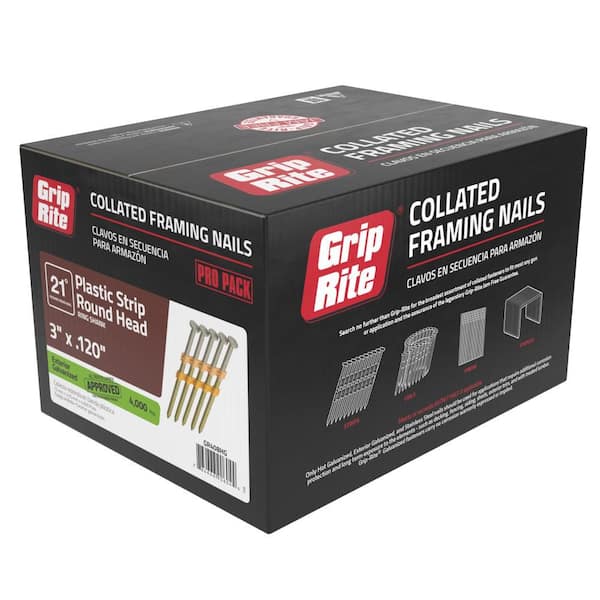Grip-Rite - 3 in. x 0.120 in. 21° Plastic Collated Exterior Galvanized Ring Shank Framing Nails 4000 per Box