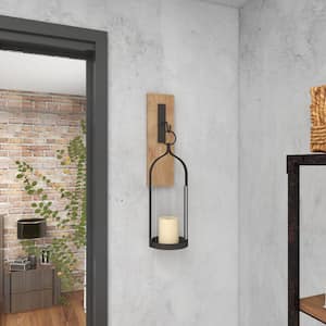 23 in. Brown Wood Wall Sconce with Suspended Black Metal and Glass Holder