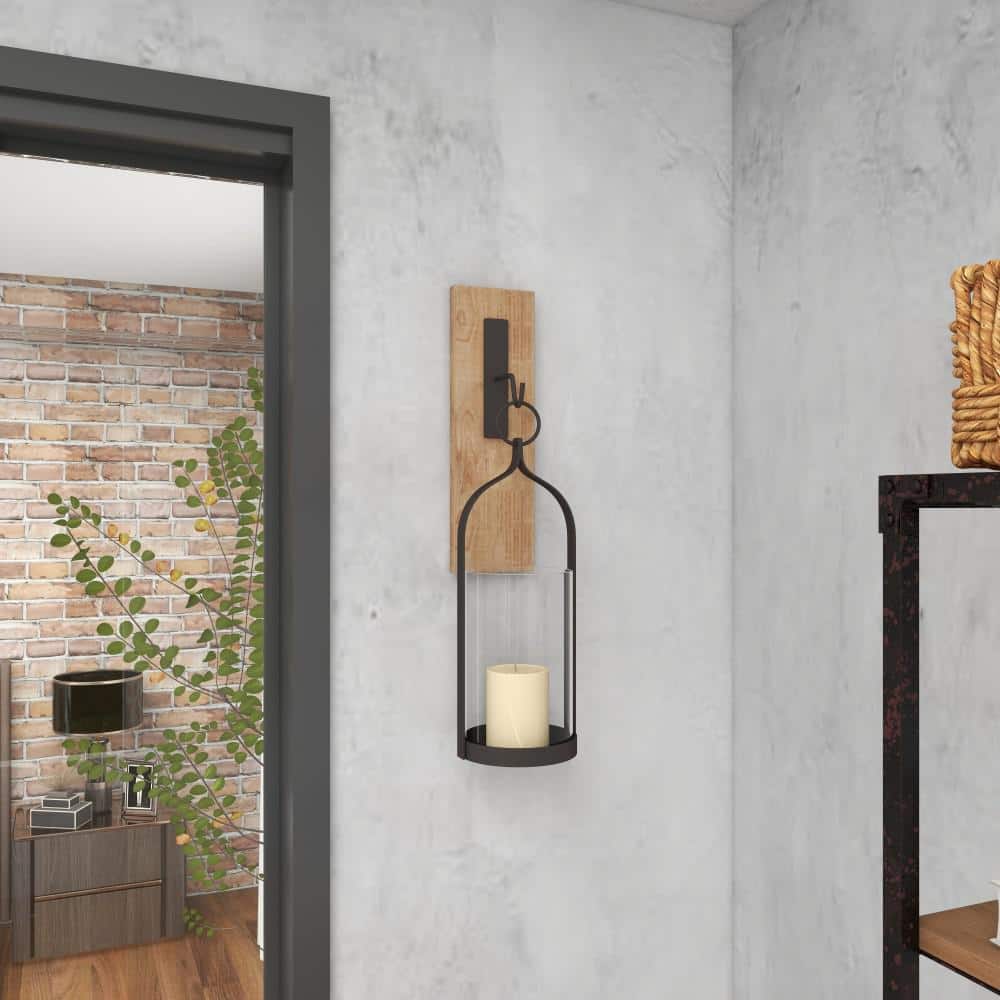 Elegant Black Wood and Glass Hanging Candle Lantern Sconce 22.75"