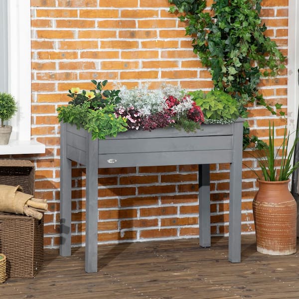Unbranded Gray 34 in. x 18 in. x 30 in. Wood Raised Garden Bed Elevated Planter Box, Self-Draining with Bed Liner for Herb Flower