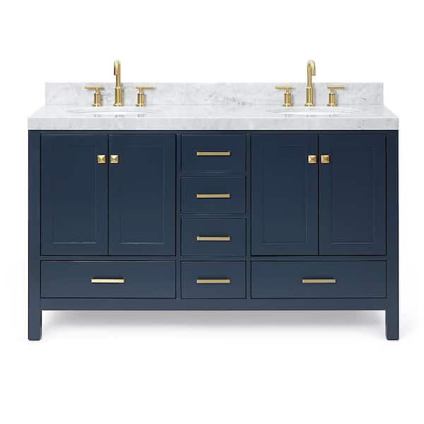 Cambridge 60 in. W x 22 in. D x 36.5 in. H Double Freestanding Bath Vanity in Midnight Blue with Carrara Marble Top