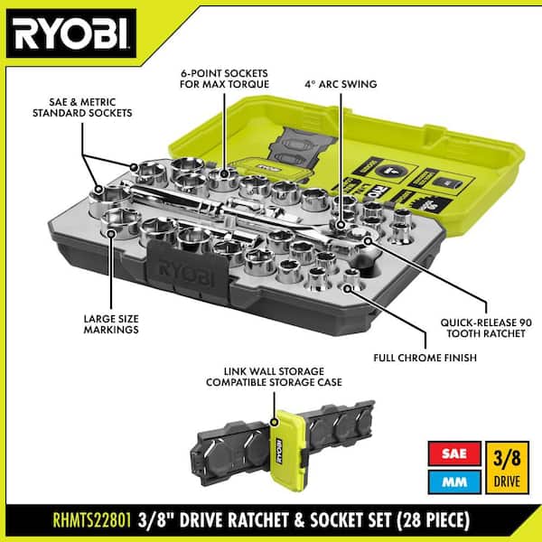 RYOBI 28-Piece 3/8 in. Drive Standard (SAE) and Metric Mechanics
