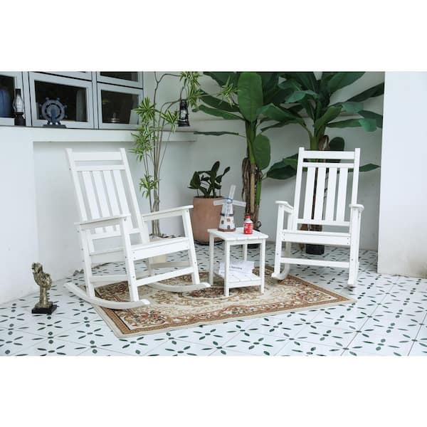 All Weather 3-Piece White with Wood-Texture HDPE Outdoor Bistro Rocking Chair Set with Side Table