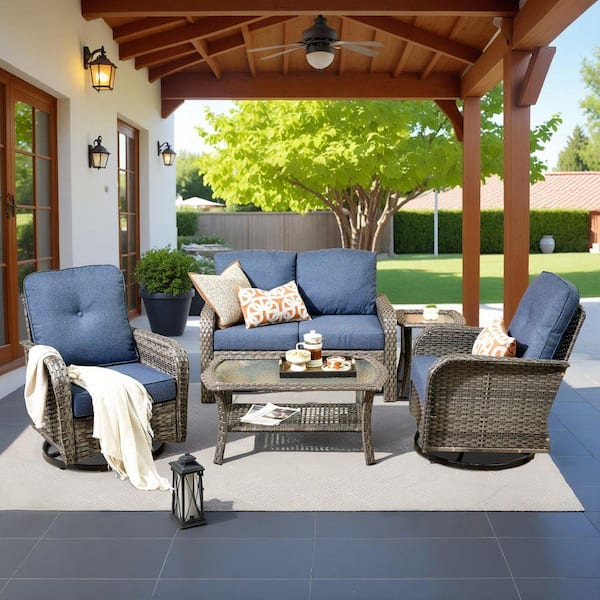 Denali Gray 5-Piece 4-Seat Wicker Modern Outdoor Patio Conversation Sofa Swivel Chair Set with Denim Blue Cushions