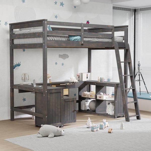 Qualler Antique Brown Full Size Loft Bed with U-Shaped Desk and Storage Shelves