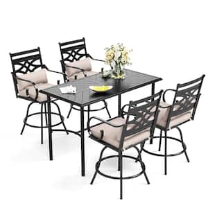 5-Piece Metal Outdoor Patio Bar Height Dining Set with Rectangle Table with Beige Cushions