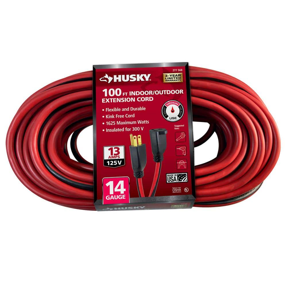 Husky 100 ft. 14/3 Medium Duty Indoor/Outdoor Extension Cord, Red