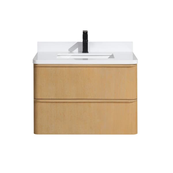Ari Kitchen and Bath Lucas 30 in. W x 21 D x 22 in. H Single Floating Bath Vanity in Oak with Engineered Quartz Top in White with White Basin