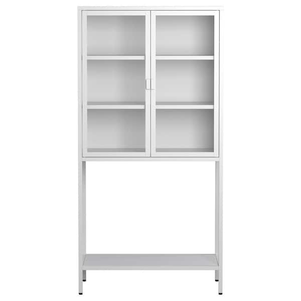 White 59.1 in. H 2 Glass Door Accent Storage Cabinet with 2 Adjustable Shelves and Adjustable Feet